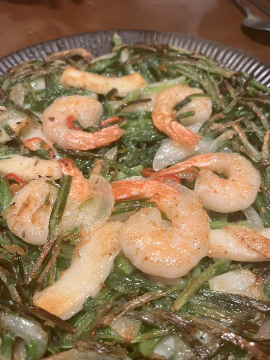 Seafood buchujeon topped with shrimp and squid