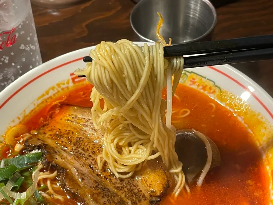 Ramen noodles coated in broth