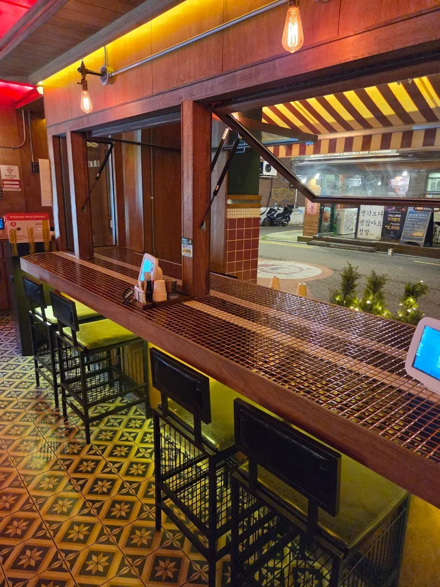 Restaurant interior with retro floor tiles