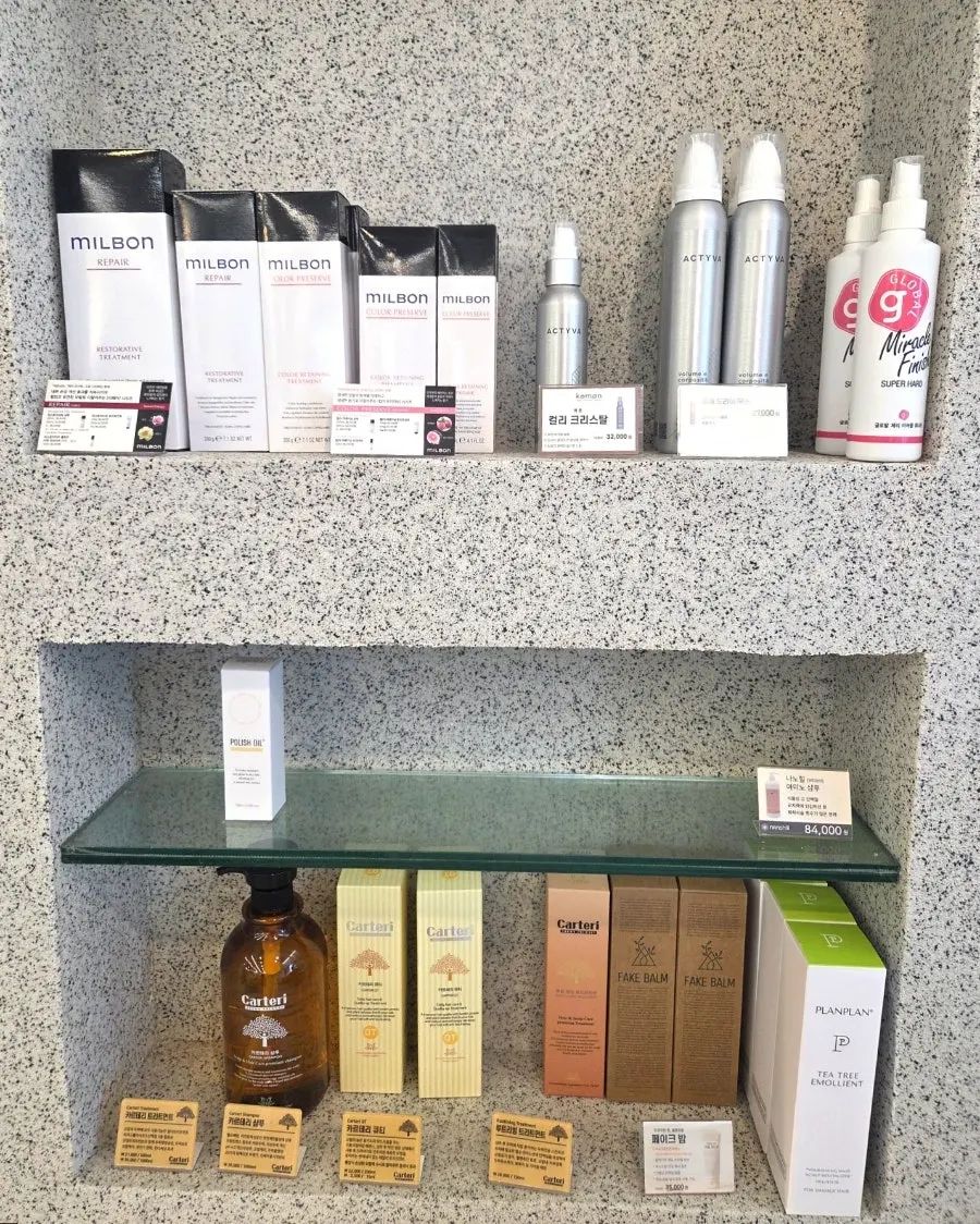 Hair solutions and products displayed in the salon