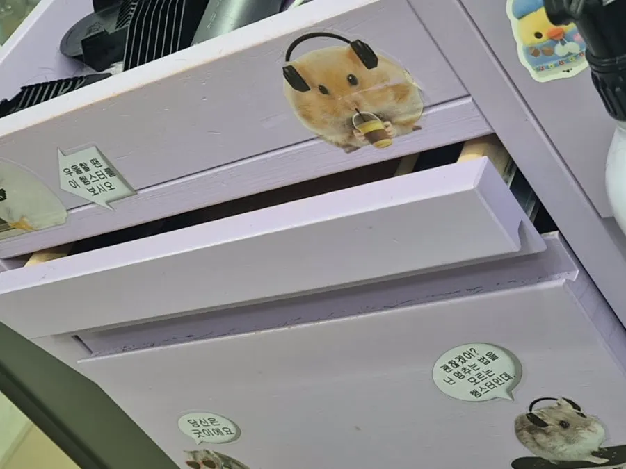 A drawer beside the styling seat with a hamster sticker on it