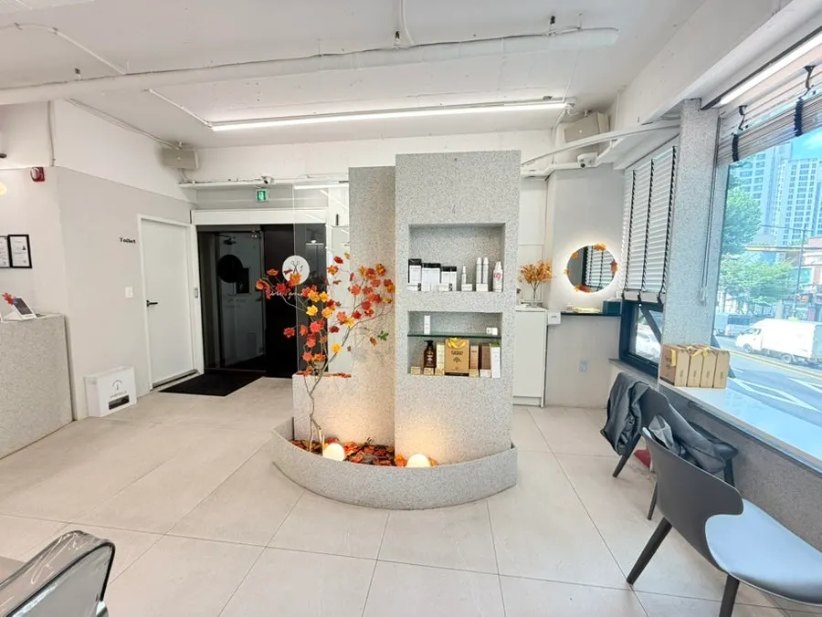 Bright salon interior with large windows