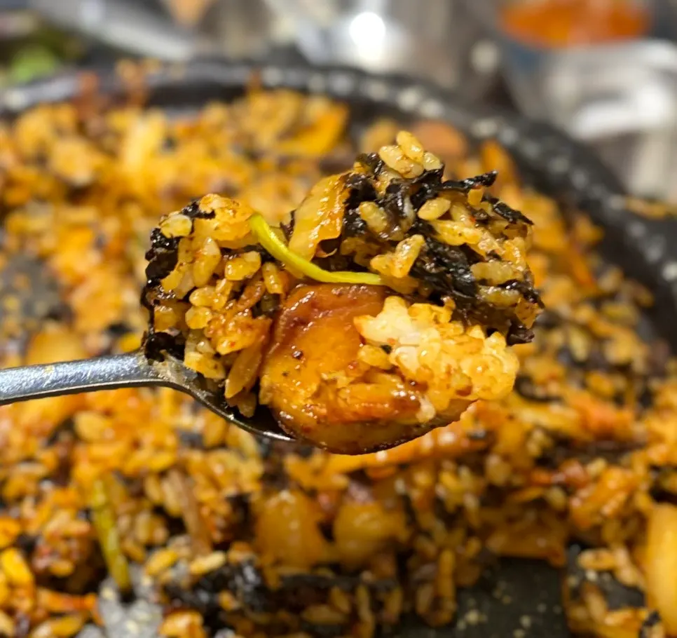 Close-up of fried rice with a lightly crisped bottom