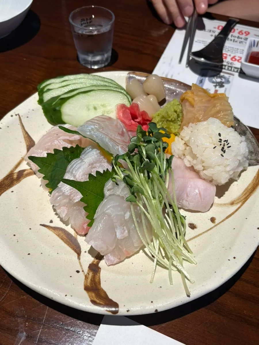 Plate of thickly sliced halibut sashimi