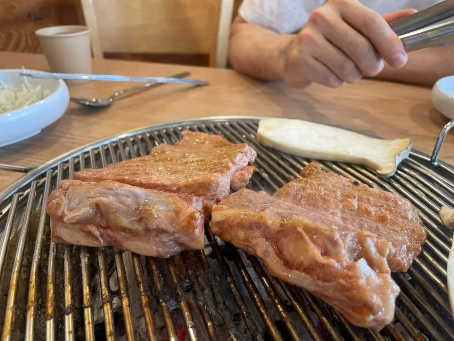 Pork galbi browning nicely on the grill