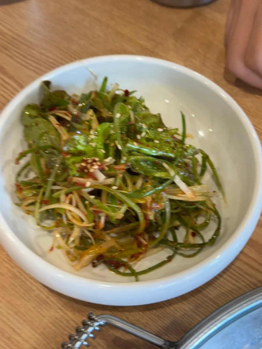 Plate with garlic, ssamjang, and wasabi