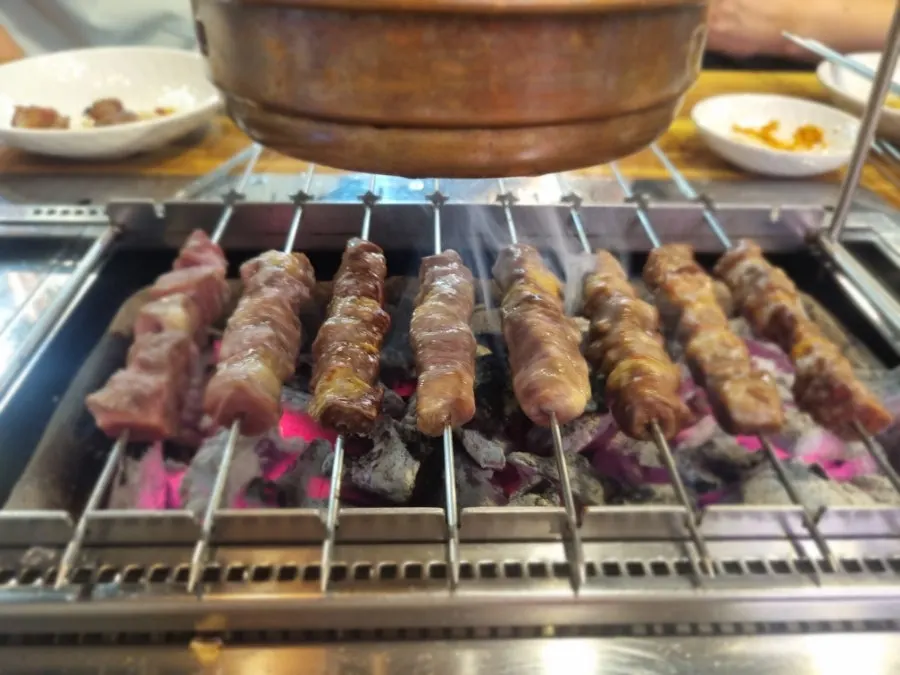 Skewers automatically turning on the charcoal grill