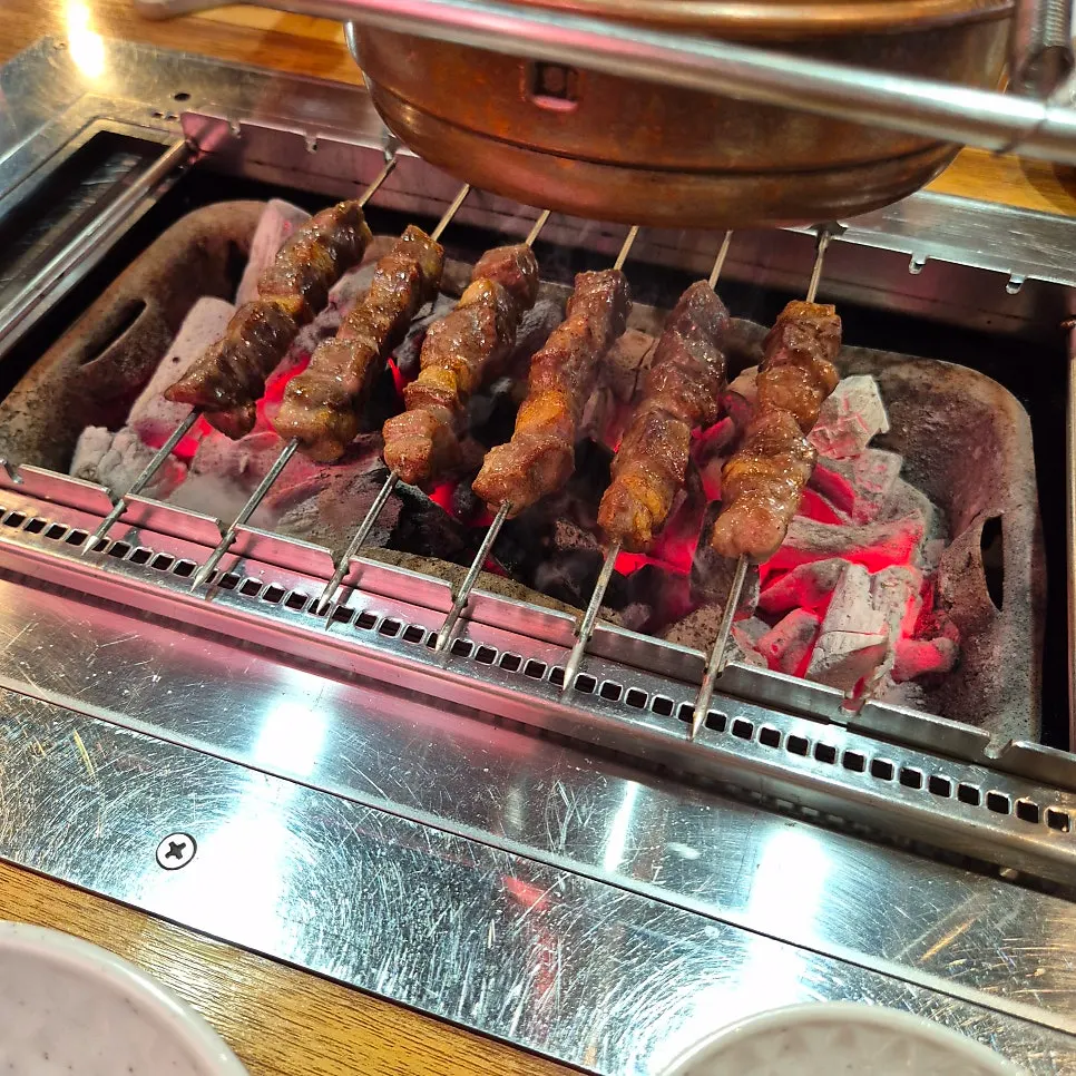 Skewers cooking on the automatic rotating grill