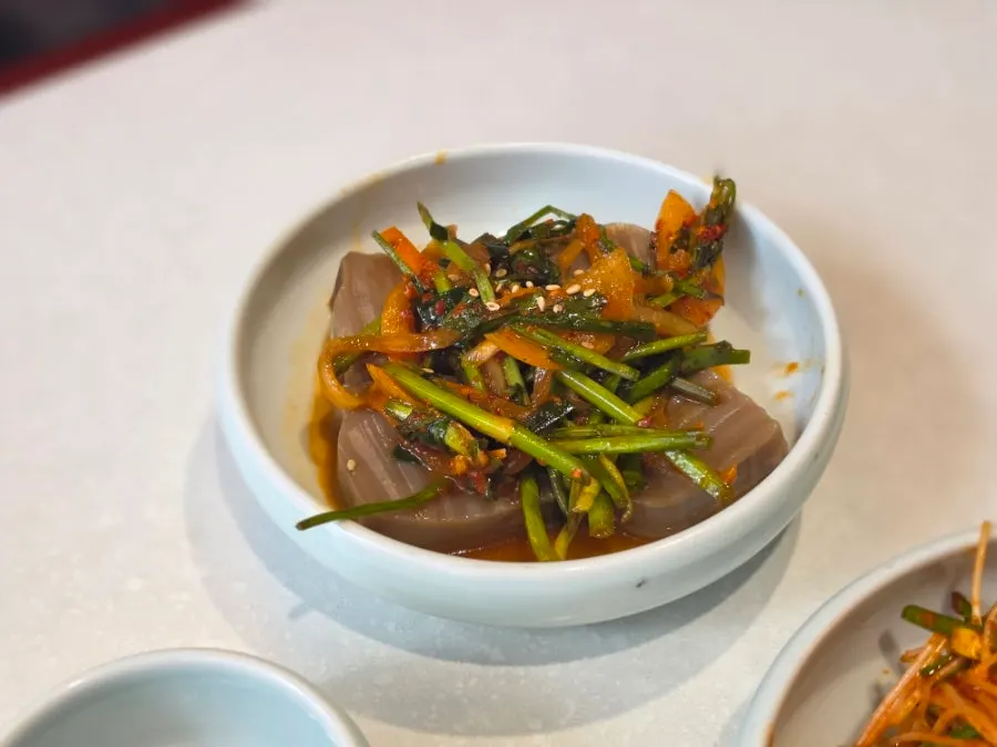 Plate of acorn jelly and side dishes served as basic banchan