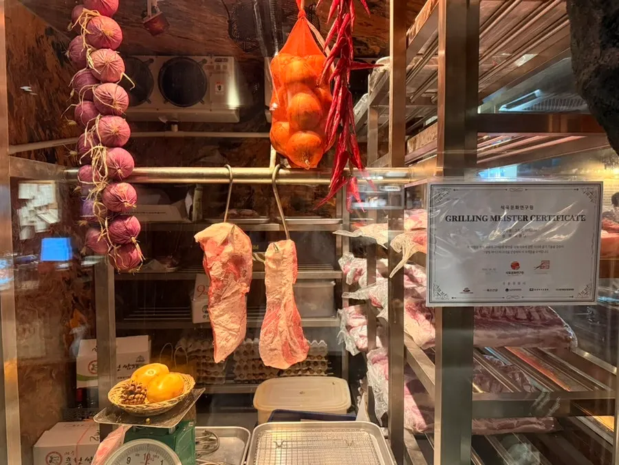 Meat aging cellar inside the restaurant
