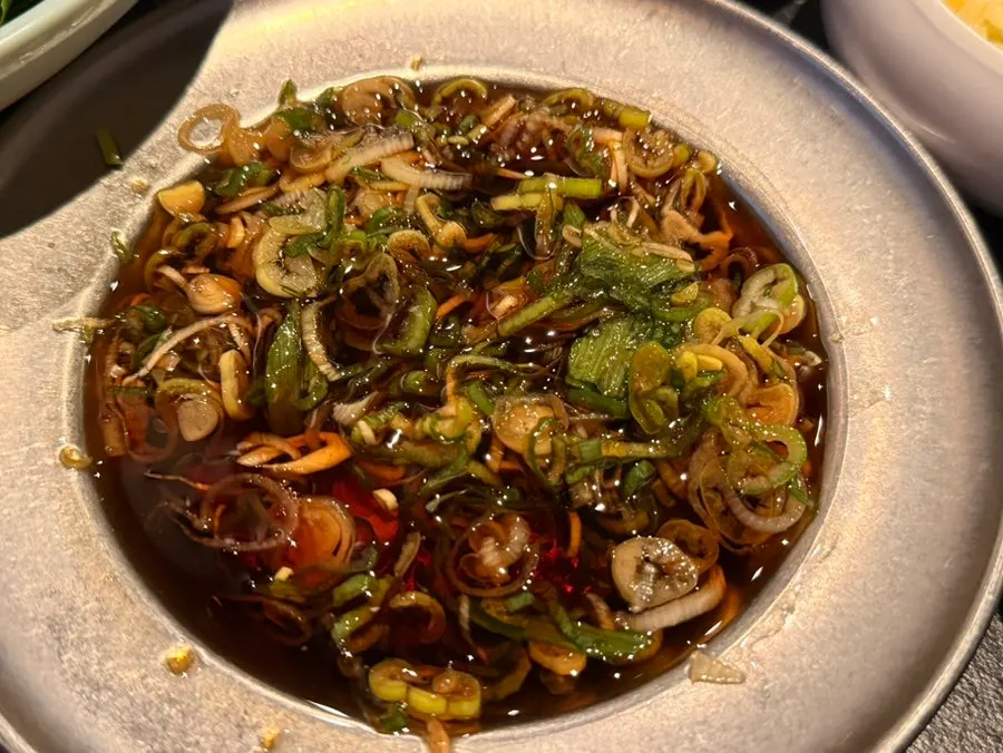 Yuzu radish salad and scallion-soy sauce banchan