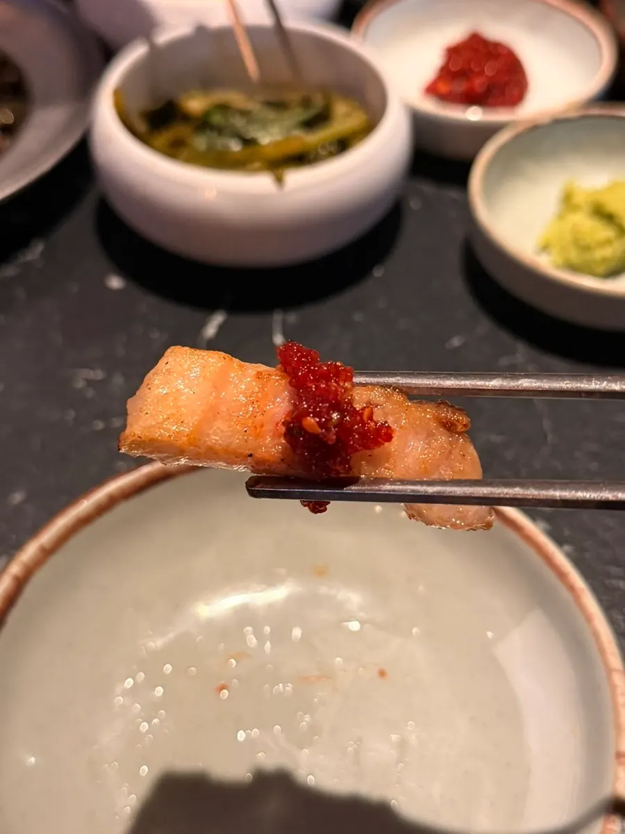 Close-up of fully grilled aged pork belly