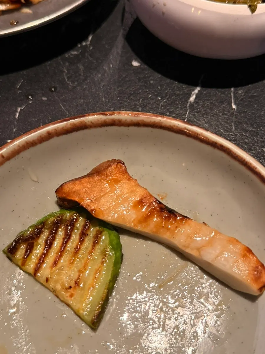 Grilled corn, zucchini, and mushrooms