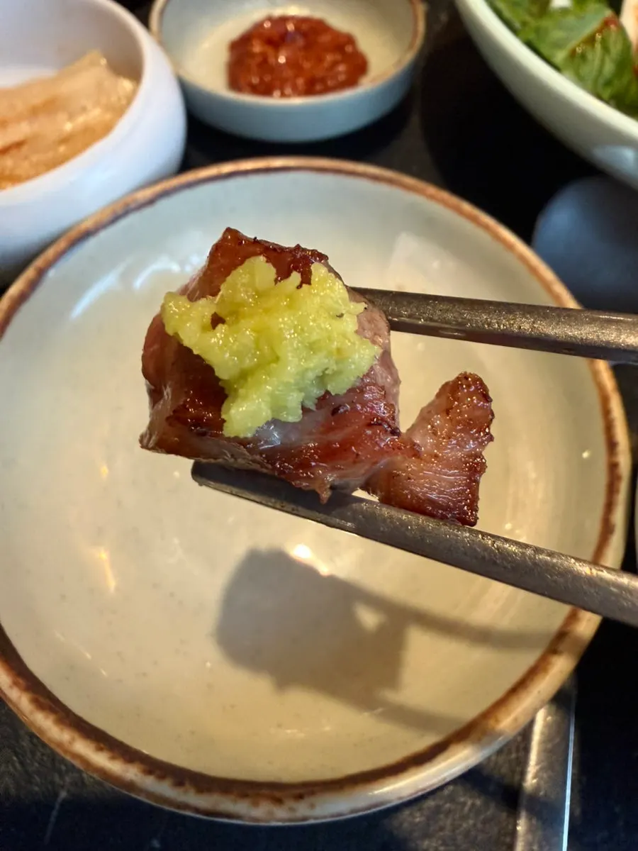 Meat dipped in wasabi