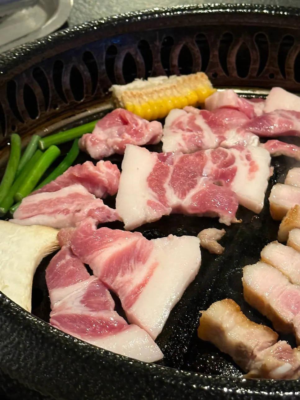 Close-up of samgyeopsal with a good fat-to-meat ratio