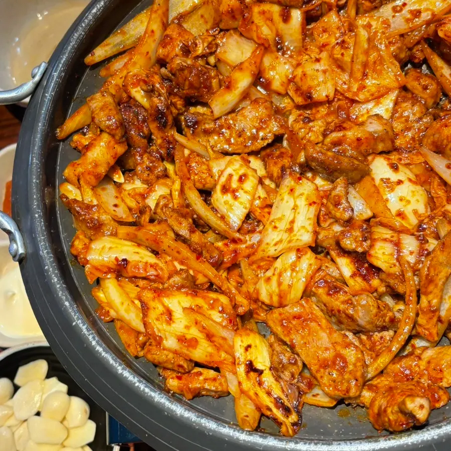 Close-up of the pork kimchi grill in red seasoning