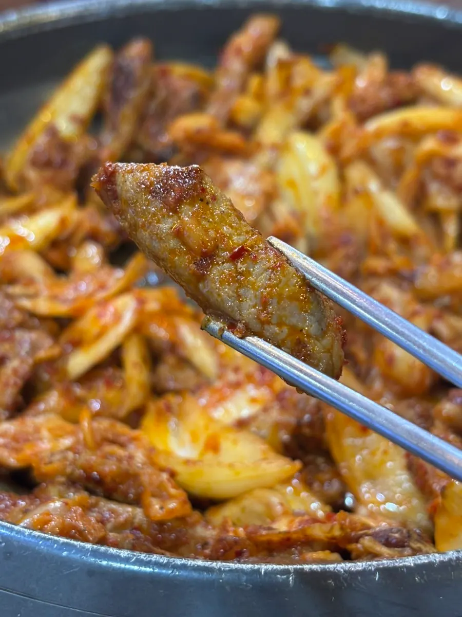 Close-up of spicy pork kimchi grill meat