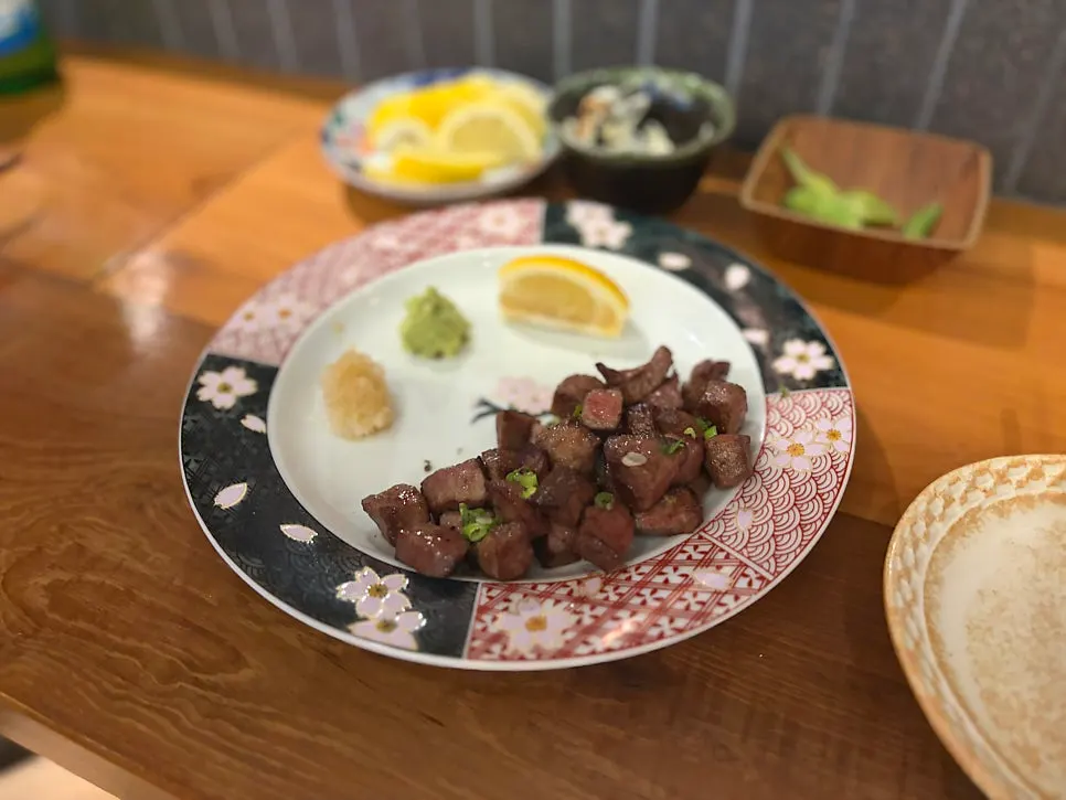 Beef tongue steak cut into bite-size pieces