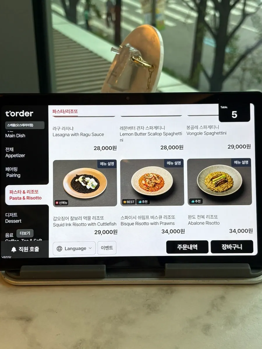 Menu featuring pasta and steak