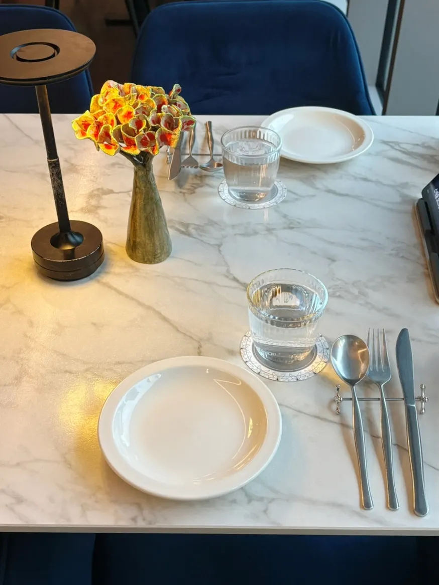 Basic table setting with warm baked bread
