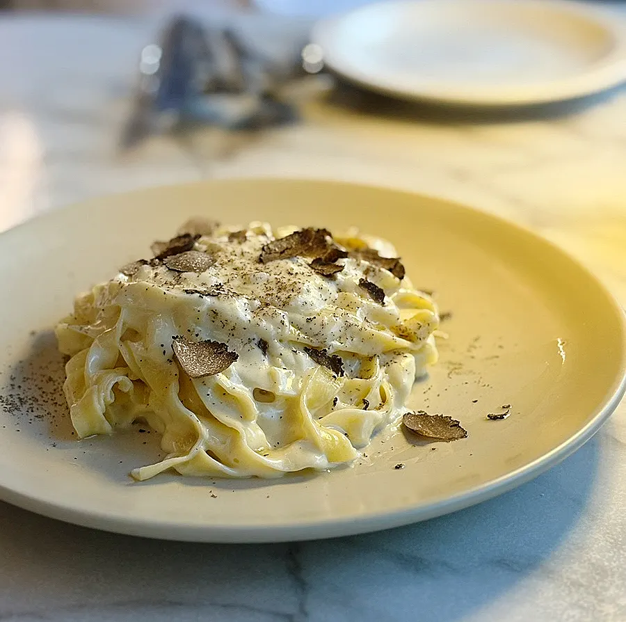 Close-up of the thick truffle cream pasta