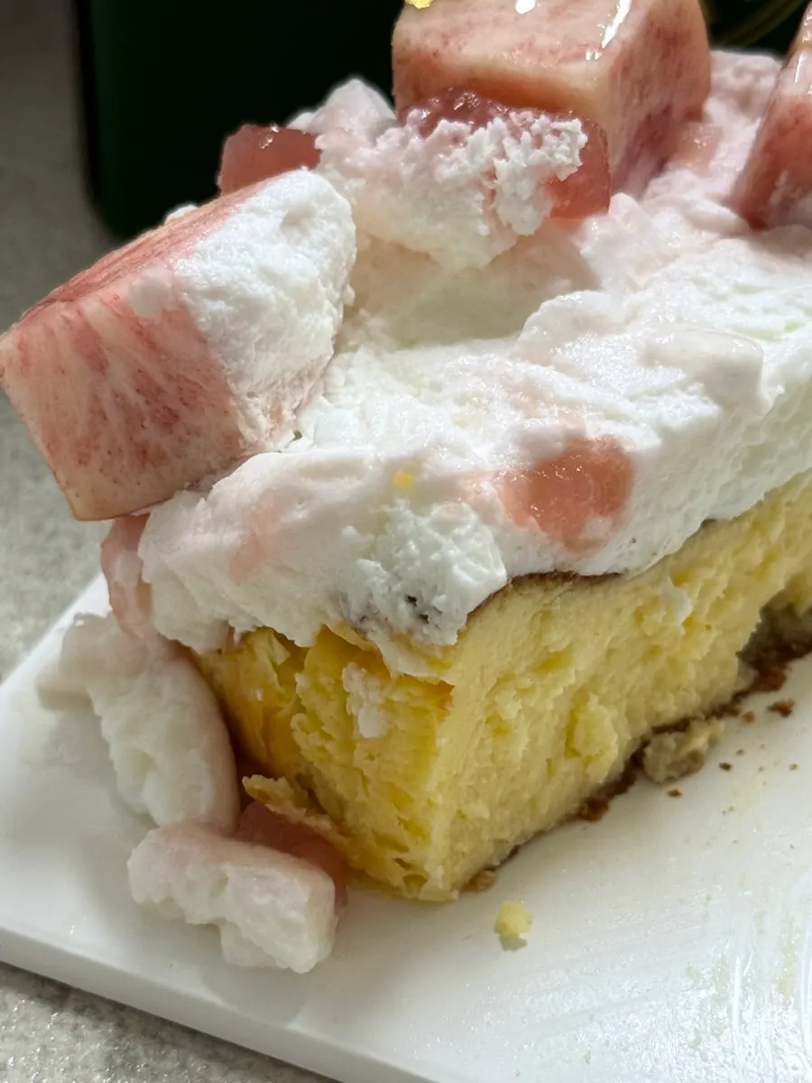 A slice of Peach Cream Basque served on a plate