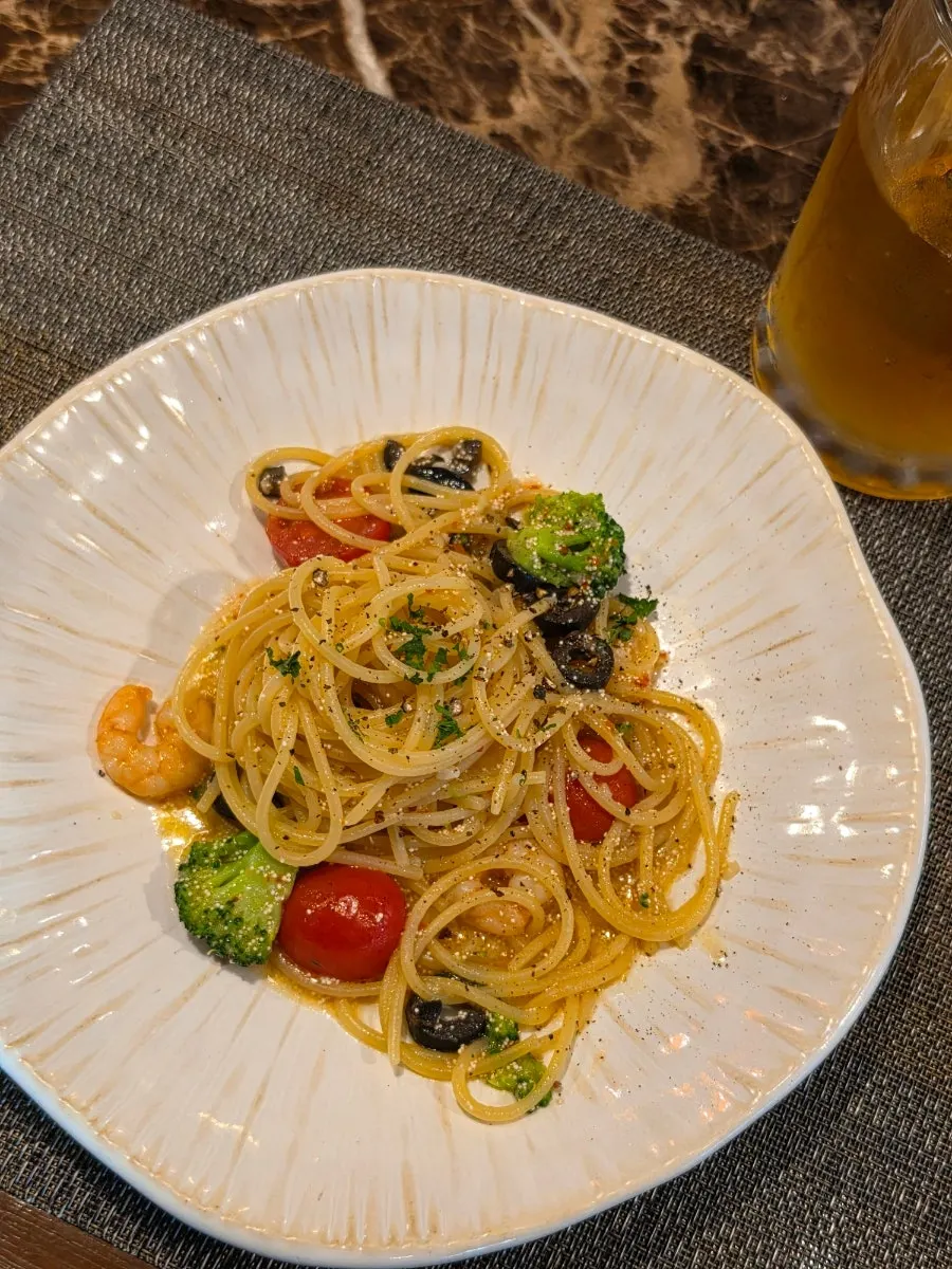 Creamy mentaiko pasta with shrimp and broccoli
