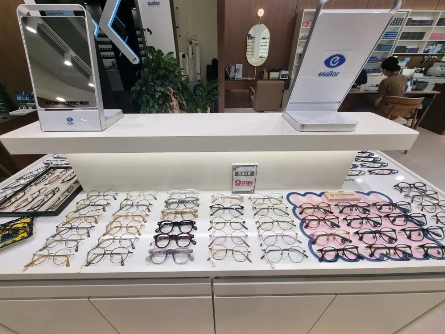 Display shelves with frames sorted by type