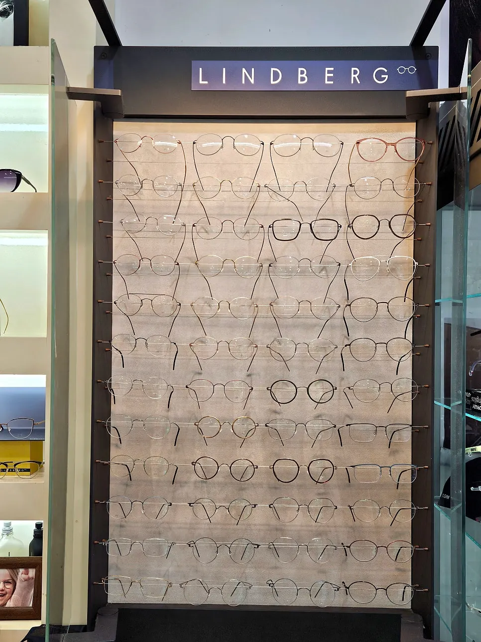Lindberg eyewear frames displayed on one side of the store