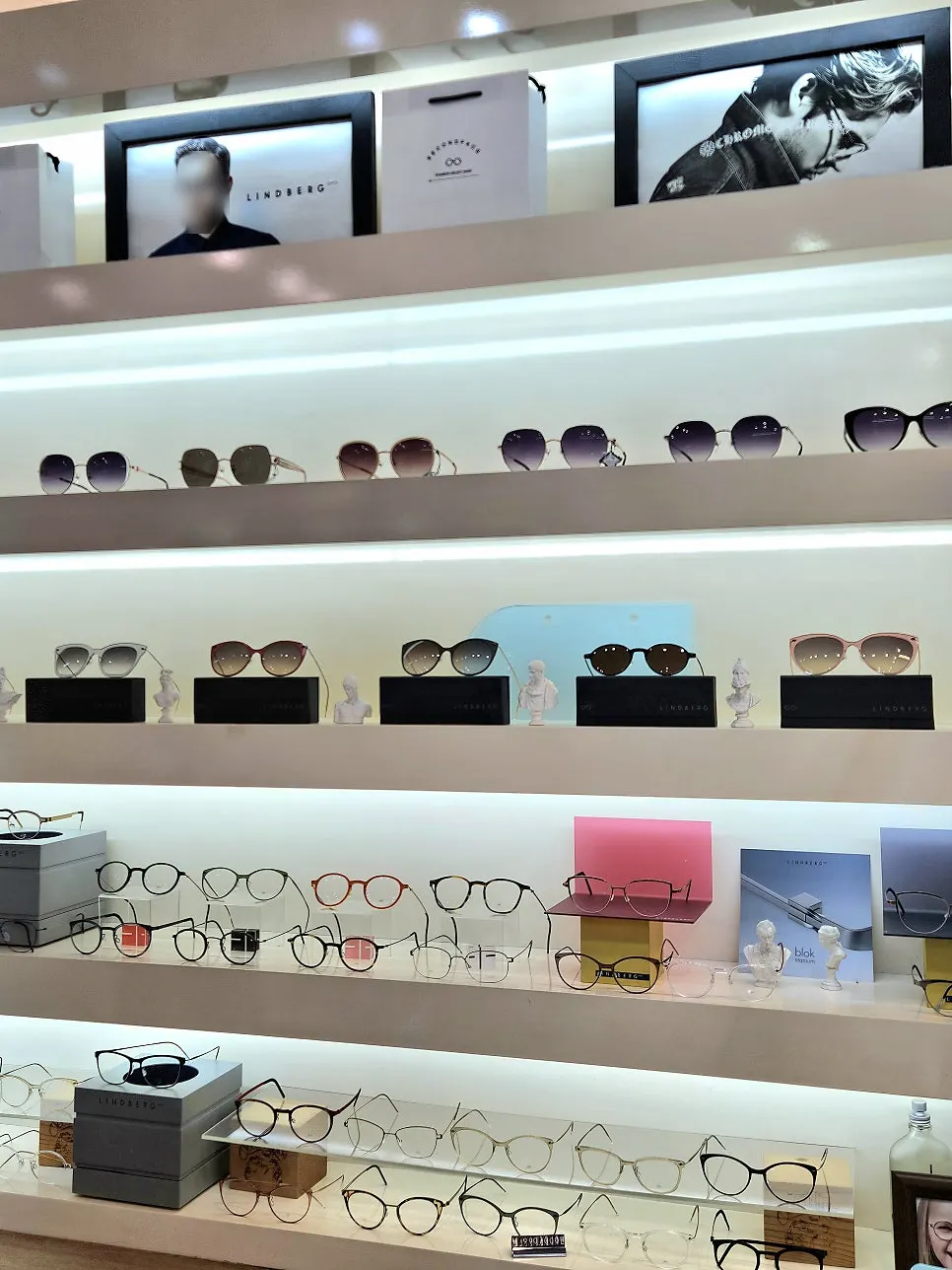 Display shelf of thin-frame Lindberg glasses