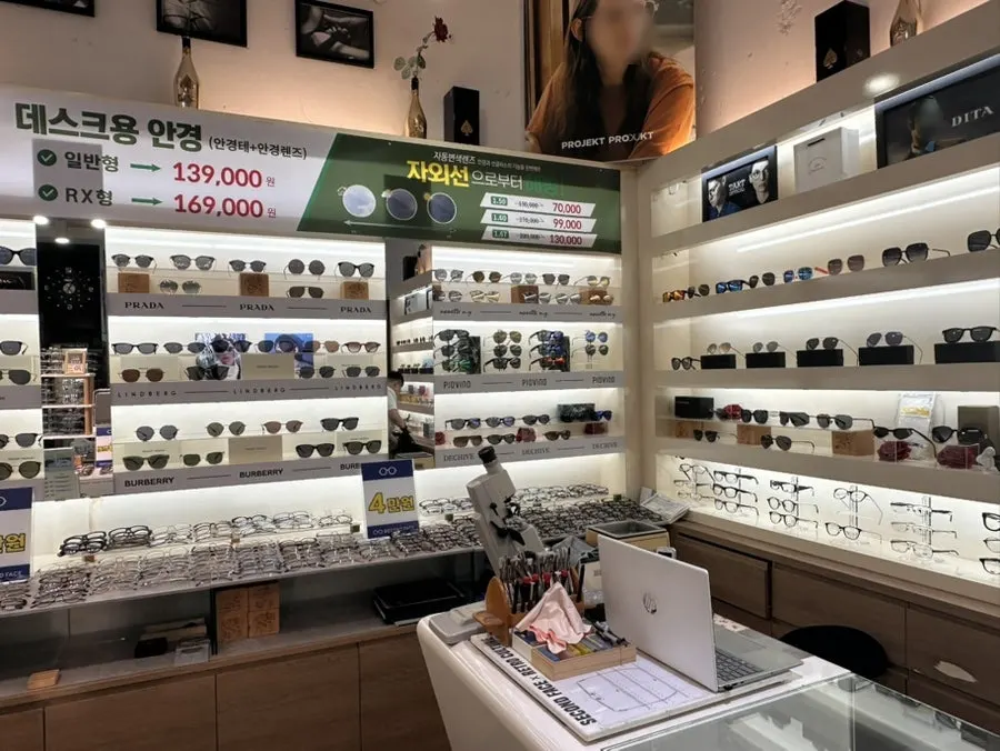Eyewear display area organized by price range