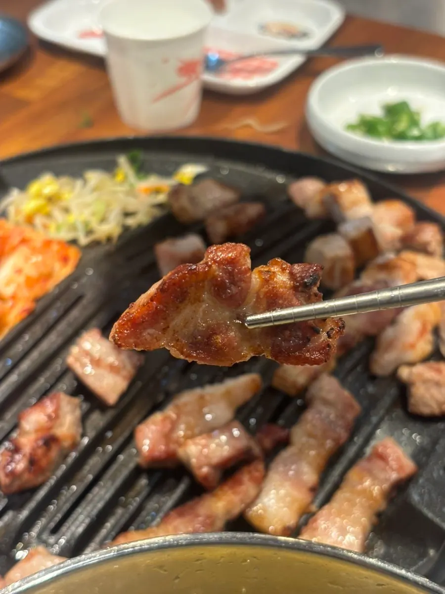 노릇하게 익은 숙성 돼지고기 한 점
