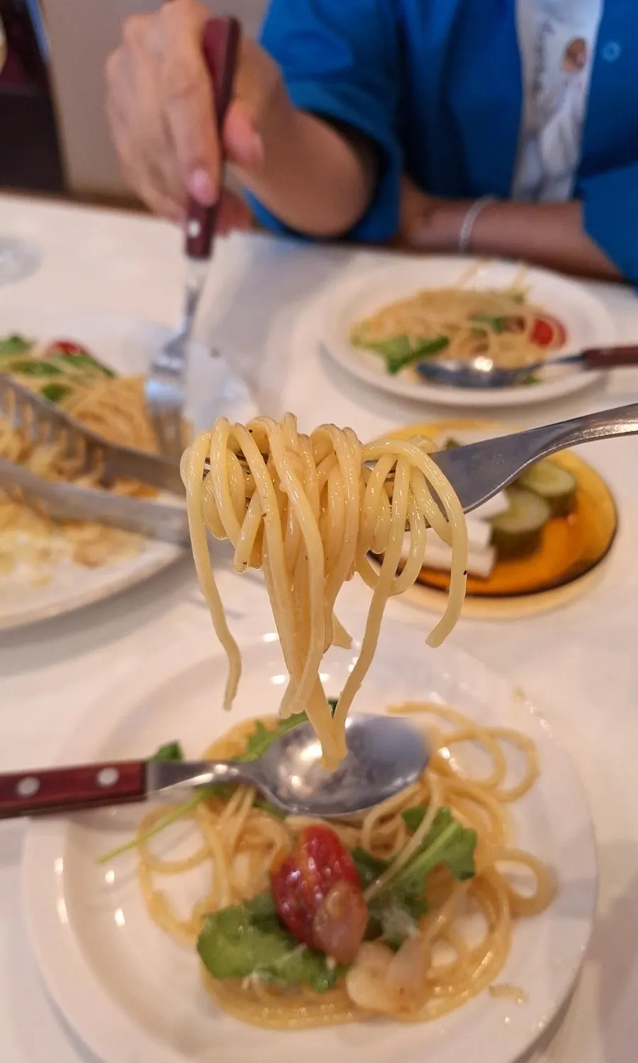 Close-up of garlicky aglio olio pasta