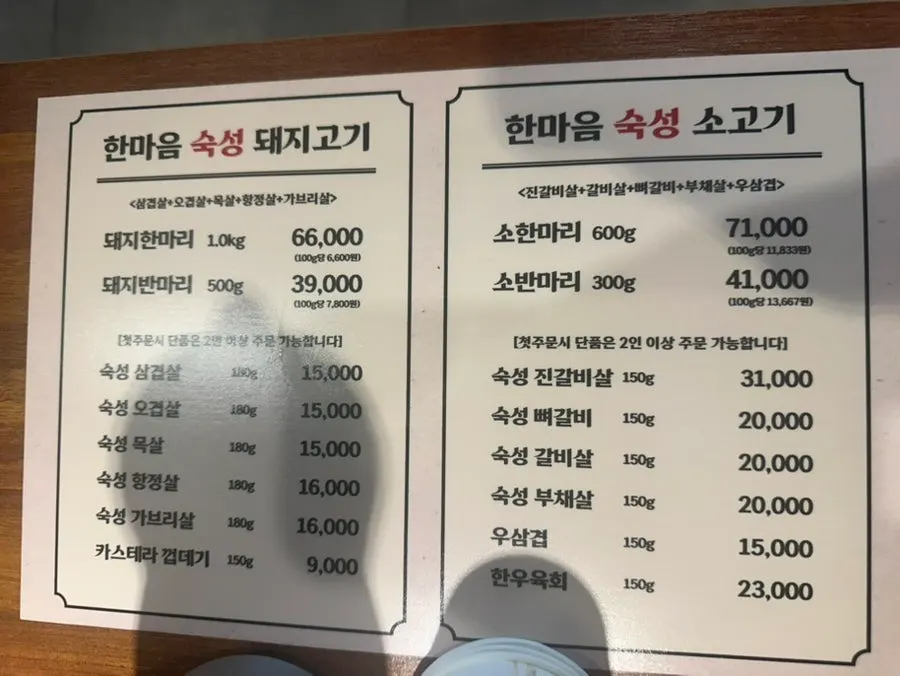 Menu board split into pork and beef