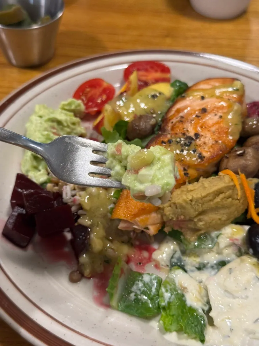A forkful of the salmon steak