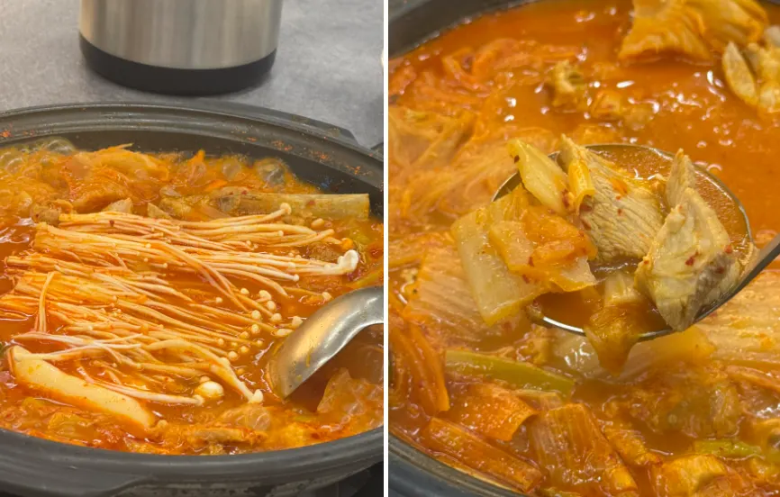 Generous kimchi and pork inside the stew