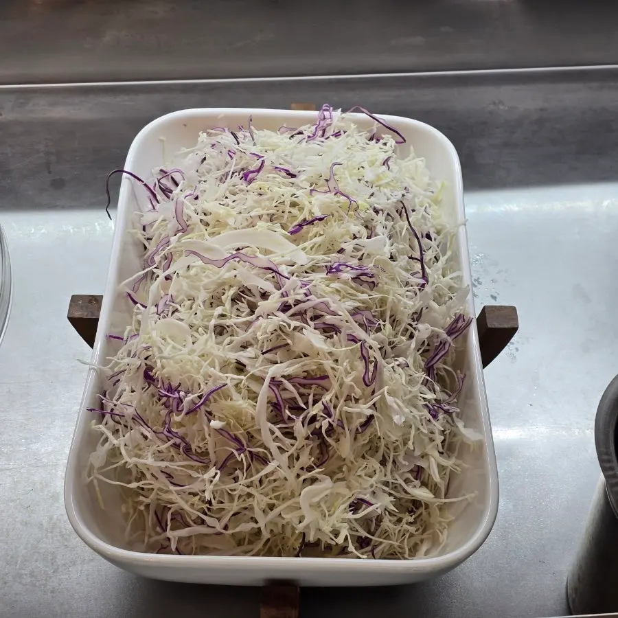Salad and napa cabbage kimchi at the self-serve bar
