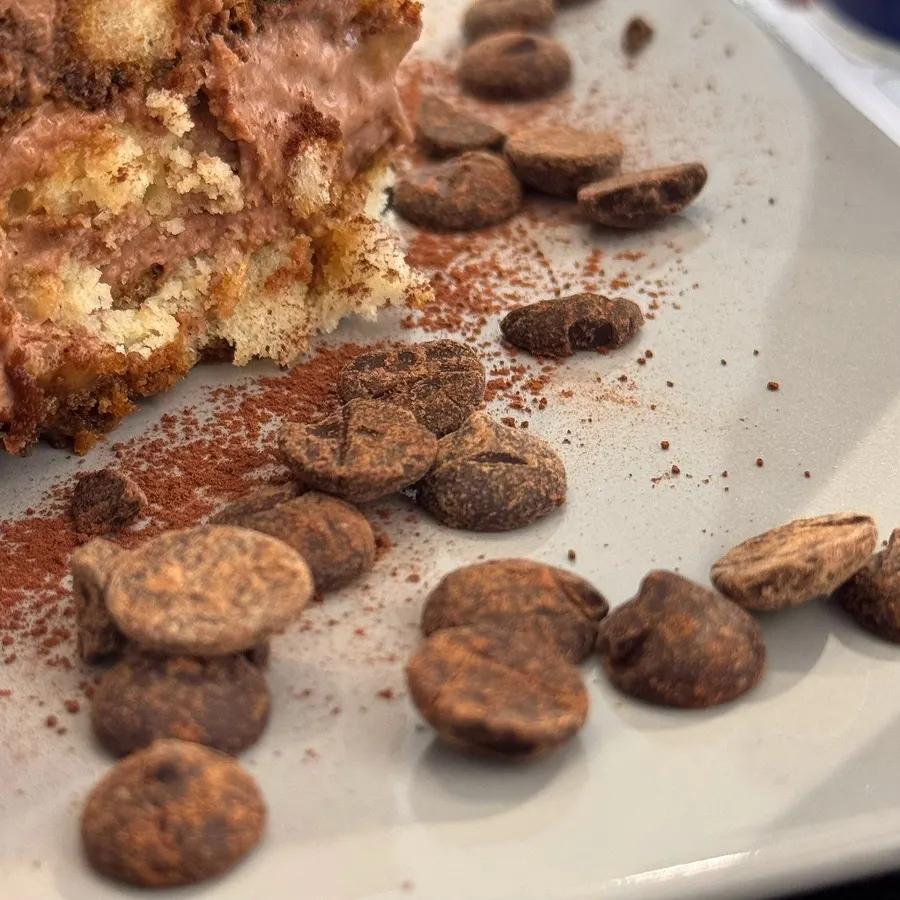 Chocolate banana tiramisu topped with dark chocolate