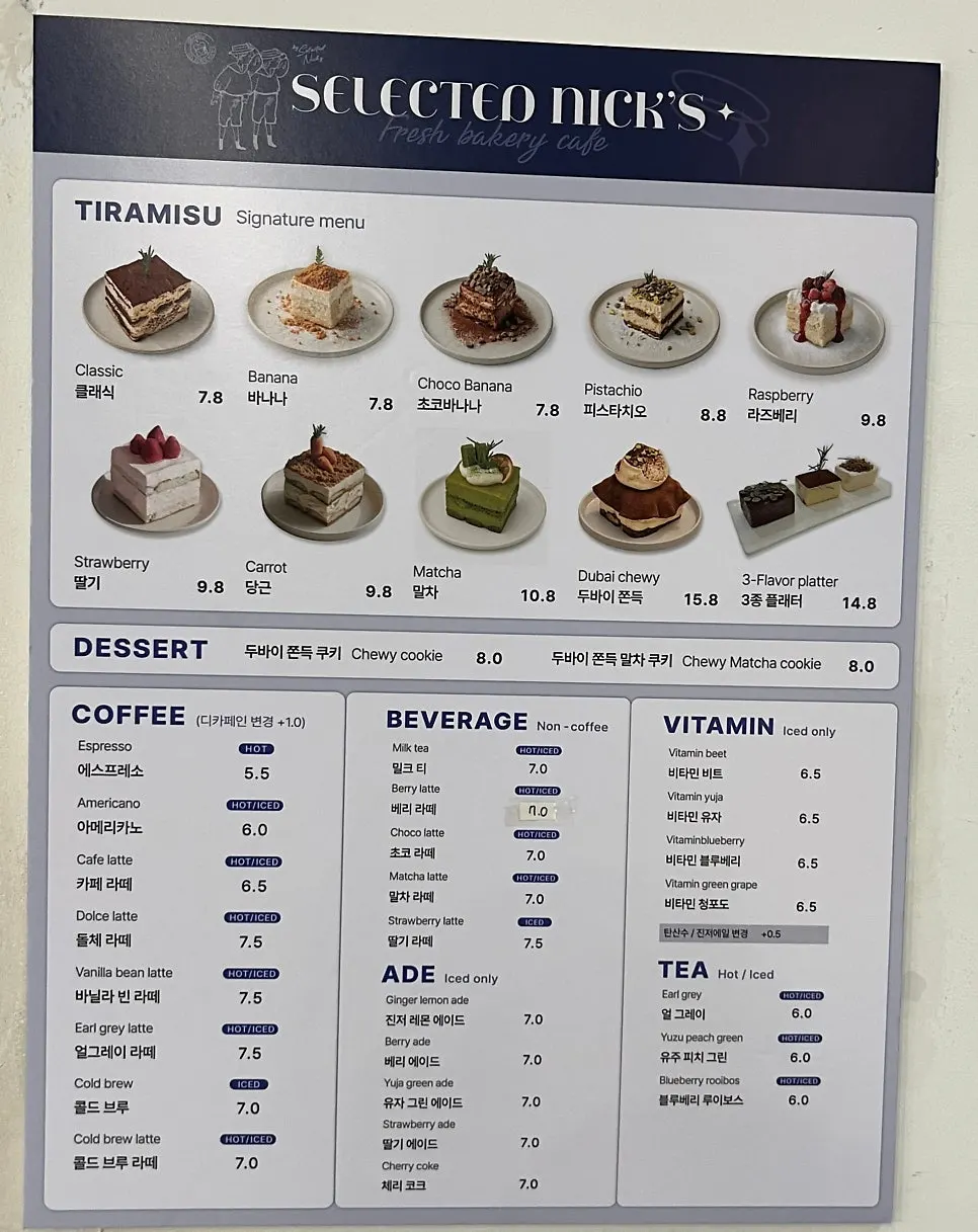 Selected Nicks menu board and 2-person set details