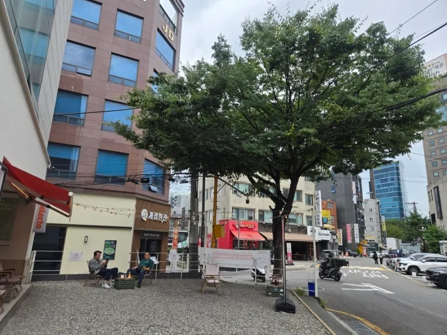 Outdoor tables in front of the building