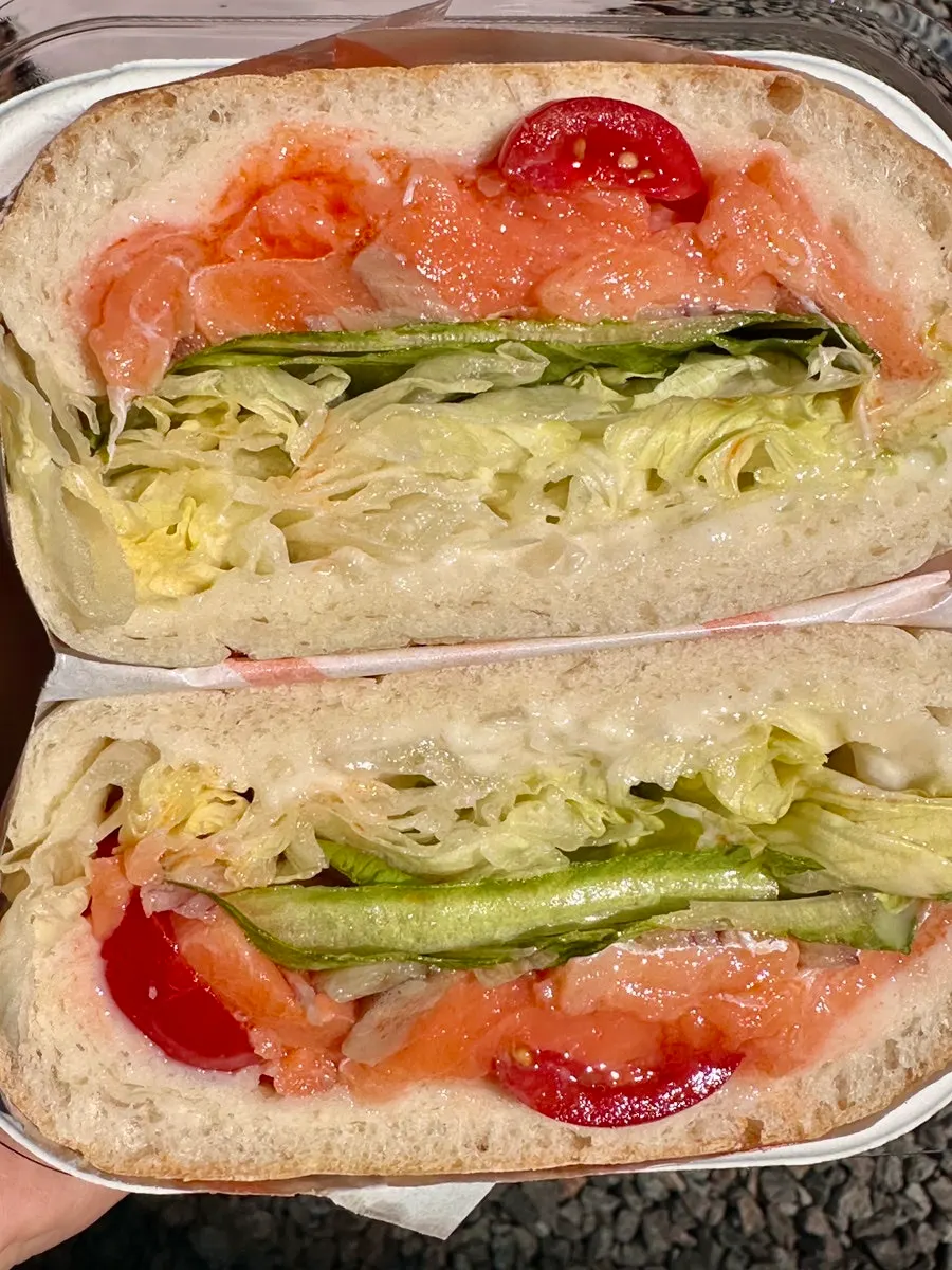 Cross-section of ciabatta sandwich with salmon