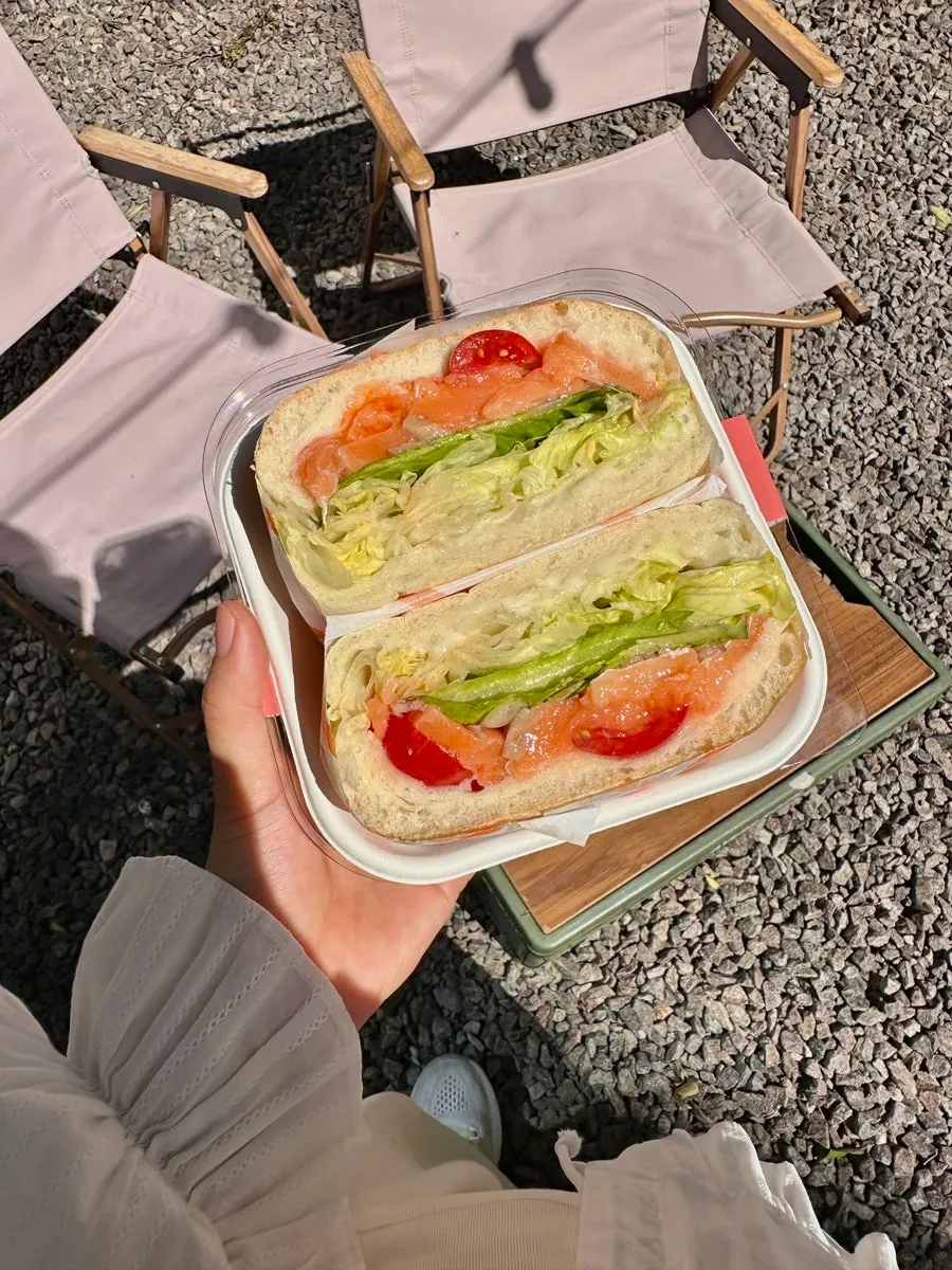 Close-up of sandwich with salmon and vegetables