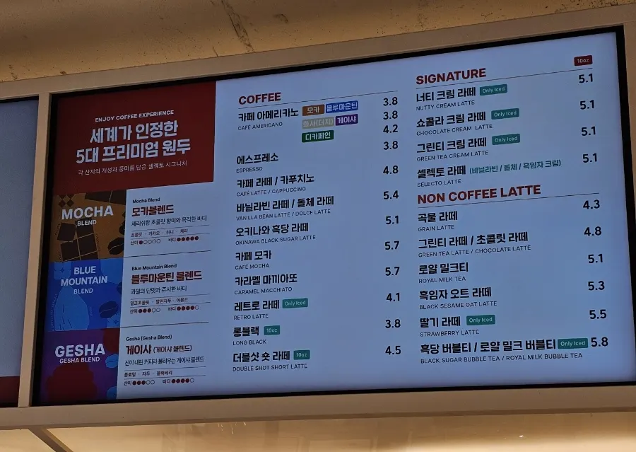 Coffee menu board with bean options
