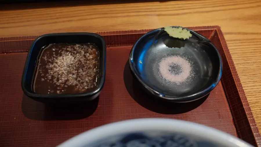 Ground sesame tonkatsu sauce with salt and wasabi