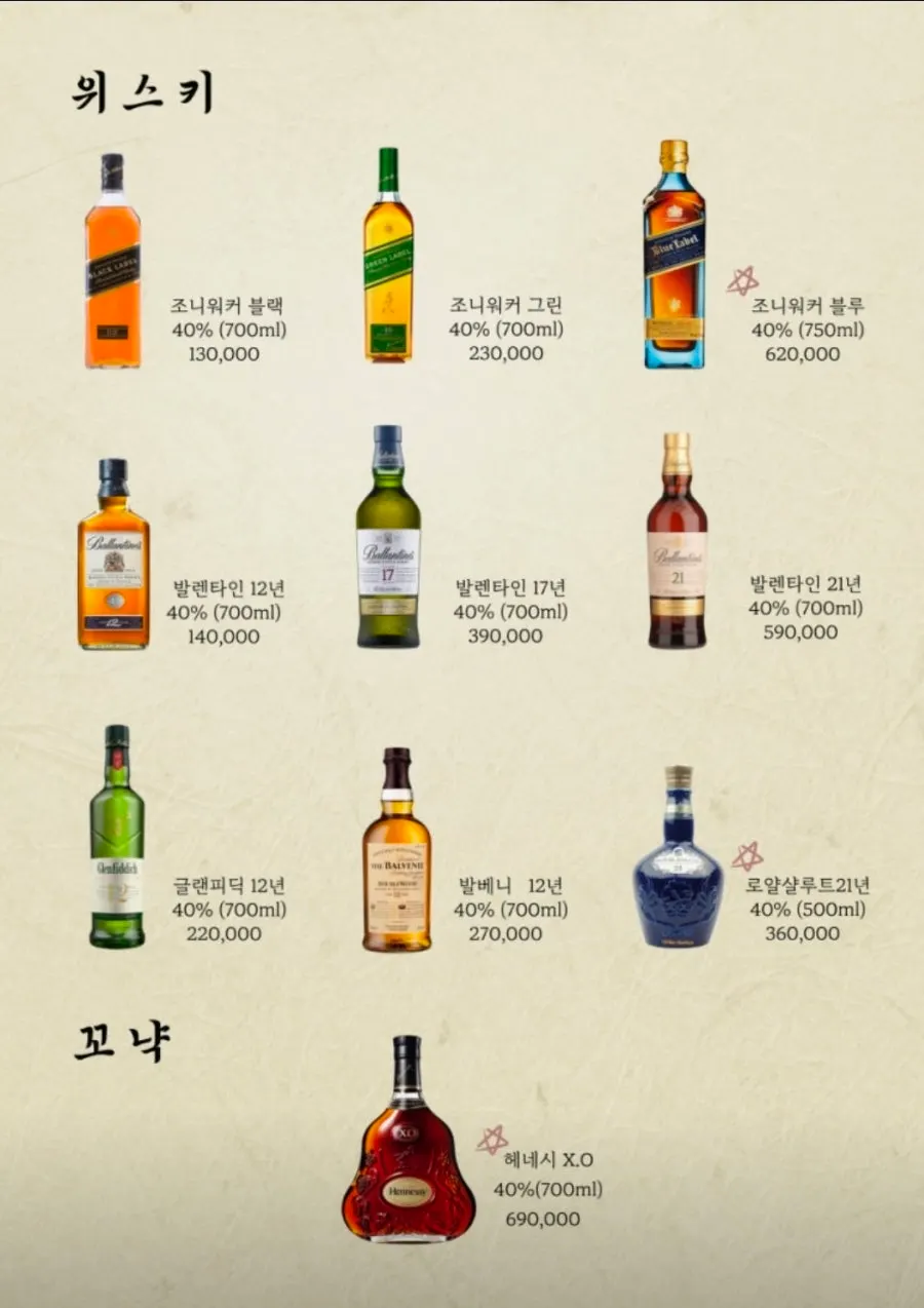 Drink menu with wine, traditional alcohol, and highballs