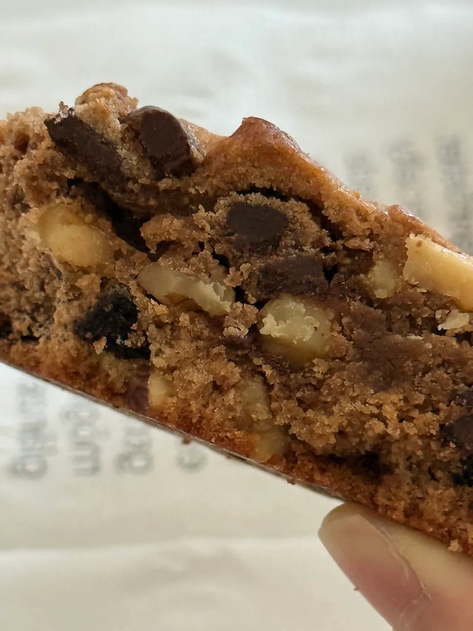 Levain cookie showing dark chocolate and walnuts