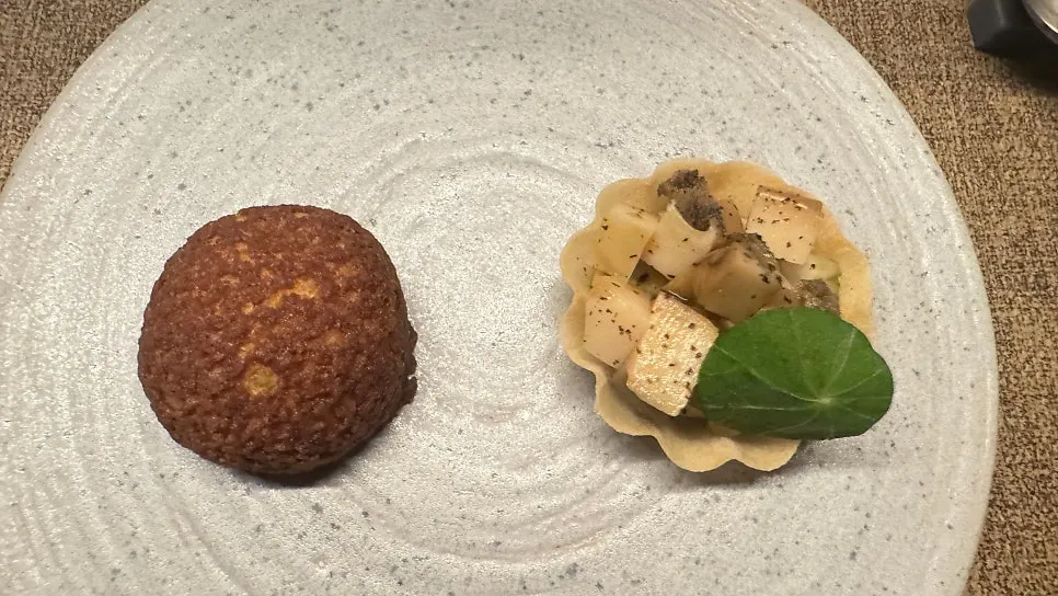 Bite-sized course starters plated together