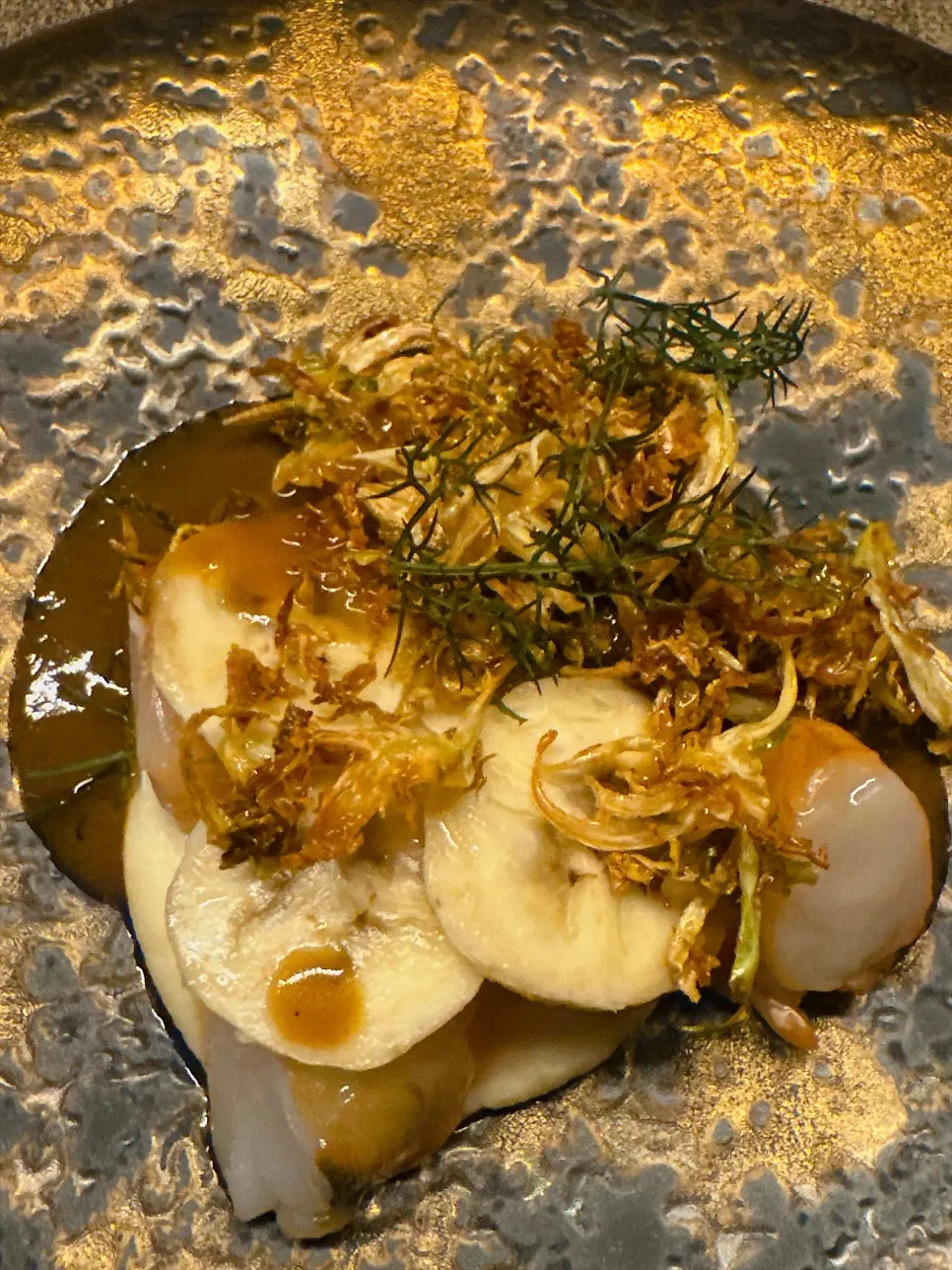 Low-temperature cooked shrimp with rich bisque sauce