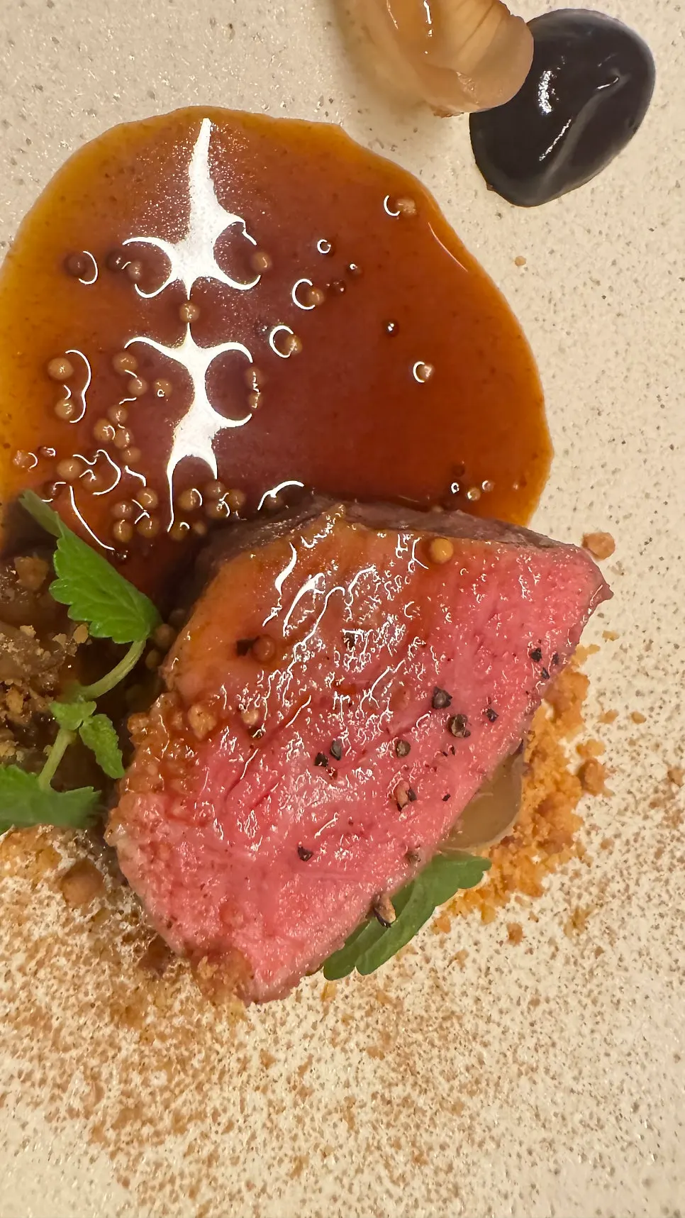 Hanwoo striploin steak served as the main course