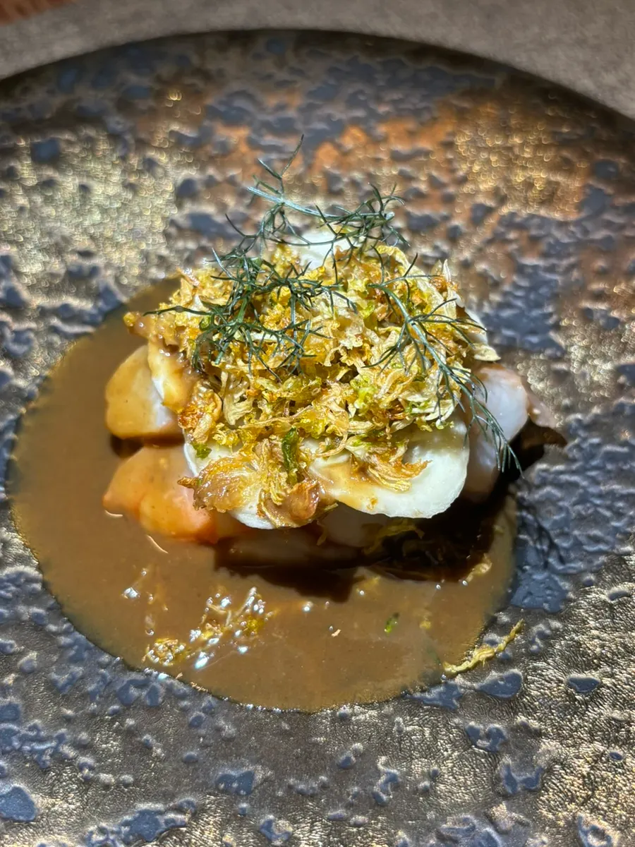 Shrimp appetizer with celeriac and brussels sprouts